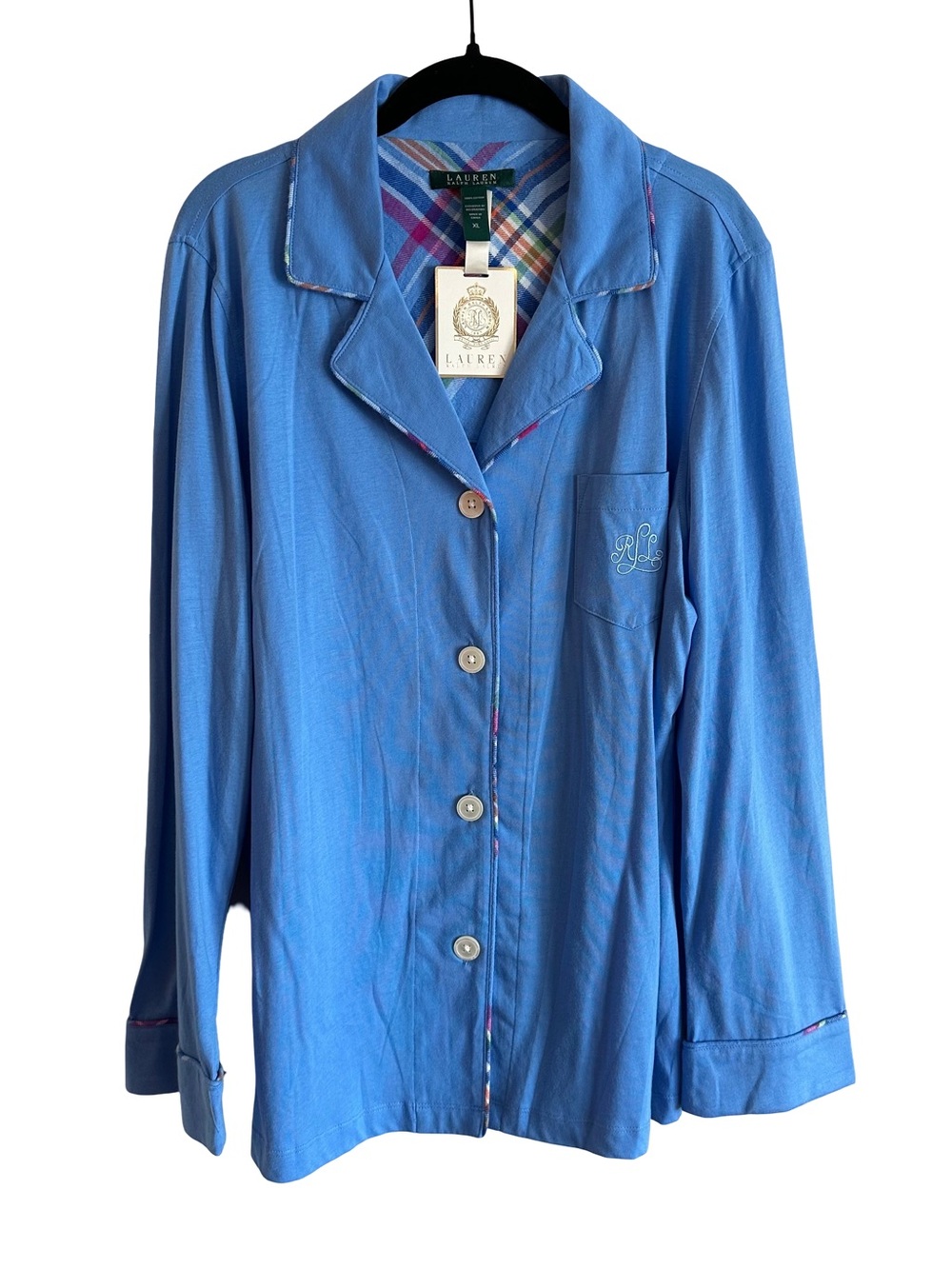 NWT Lauren Ralph Lauren Long Sleeve Jersey Knit Pajama Set Blue Monogram XL
